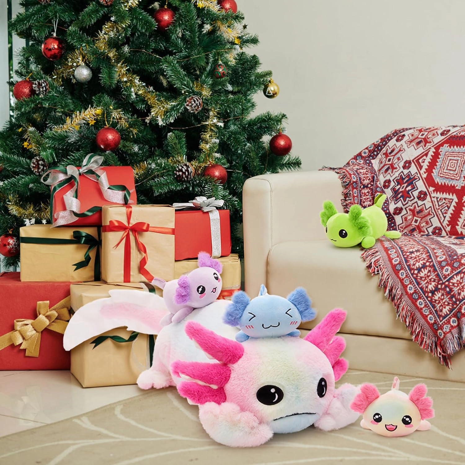 Tezituor Axolotl Stuffed Animal Glow in The Dark for Kids,31.5" Huggable Soft Salamander Plush Pillow Toy with 4 Babies Kawaii Axolotl Plushies for Birthday Gifts,Rainbow