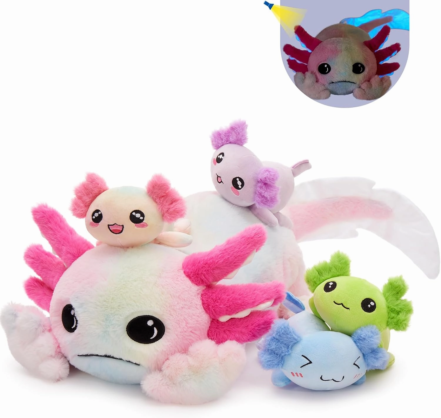 Tezituor Axolotl Stuffed Animal Glow in The Dark for Kids,31.5" Huggable Soft Salamander Plush Pillow Toy with 4 Babies Kawaii Axolotl Plushies for Birthday Gifts,Rainbow