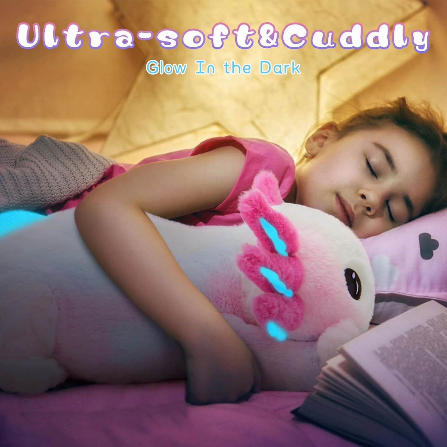 Tezituor Axolotl Stuffed Animal Glow in The Dark for Kids,31.5" Huggable Soft Salamander Plush Pillow Toy with 4 Babies Kawaii Axolotl Plushies for Birthday Gifts,Rainbow