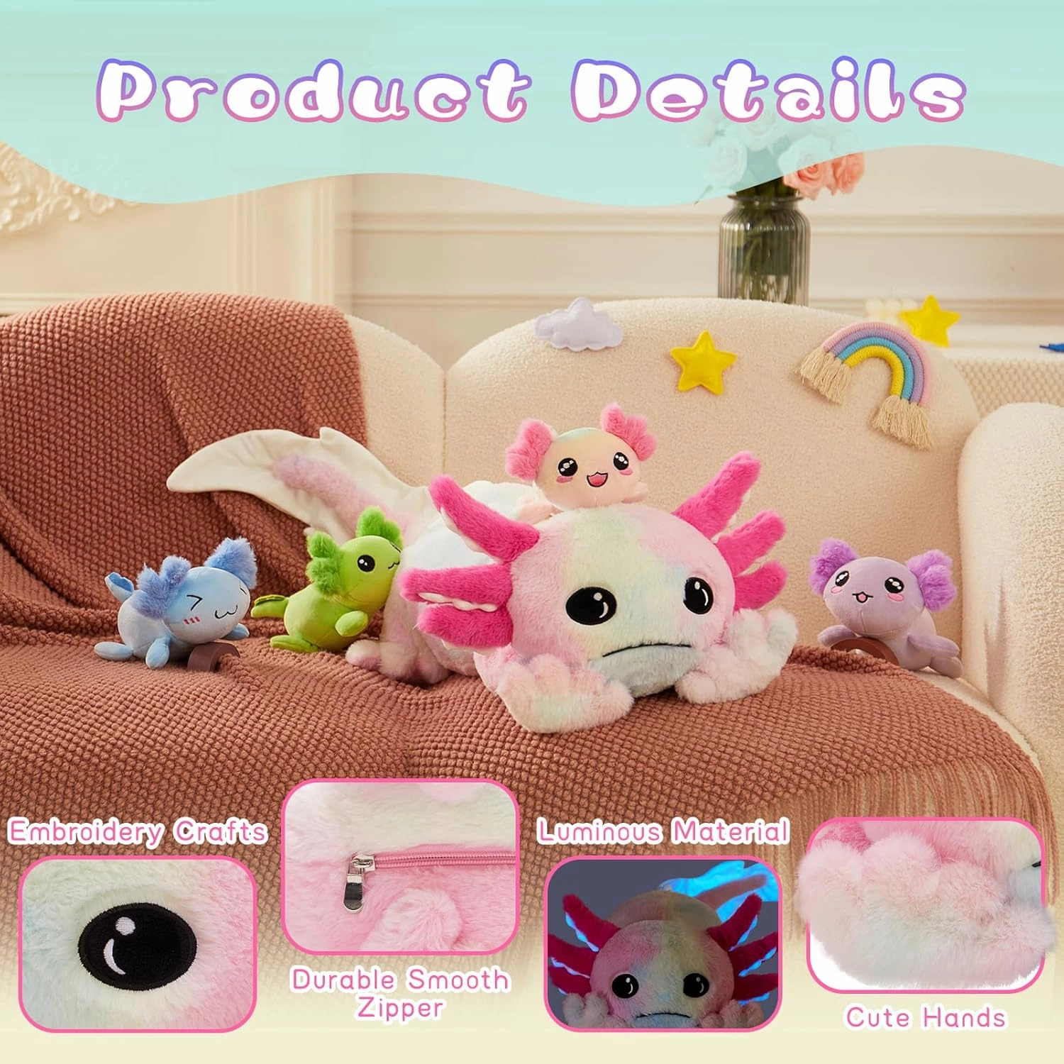 Tezituor Axolotl Stuffed Animal Glow in The Dark for Kids,31.5" Huggable Soft Salamander Plush Pillow Toy with 4 Babies Kawaii Axolotl Plushies for Birthday Gifts,Rainbow