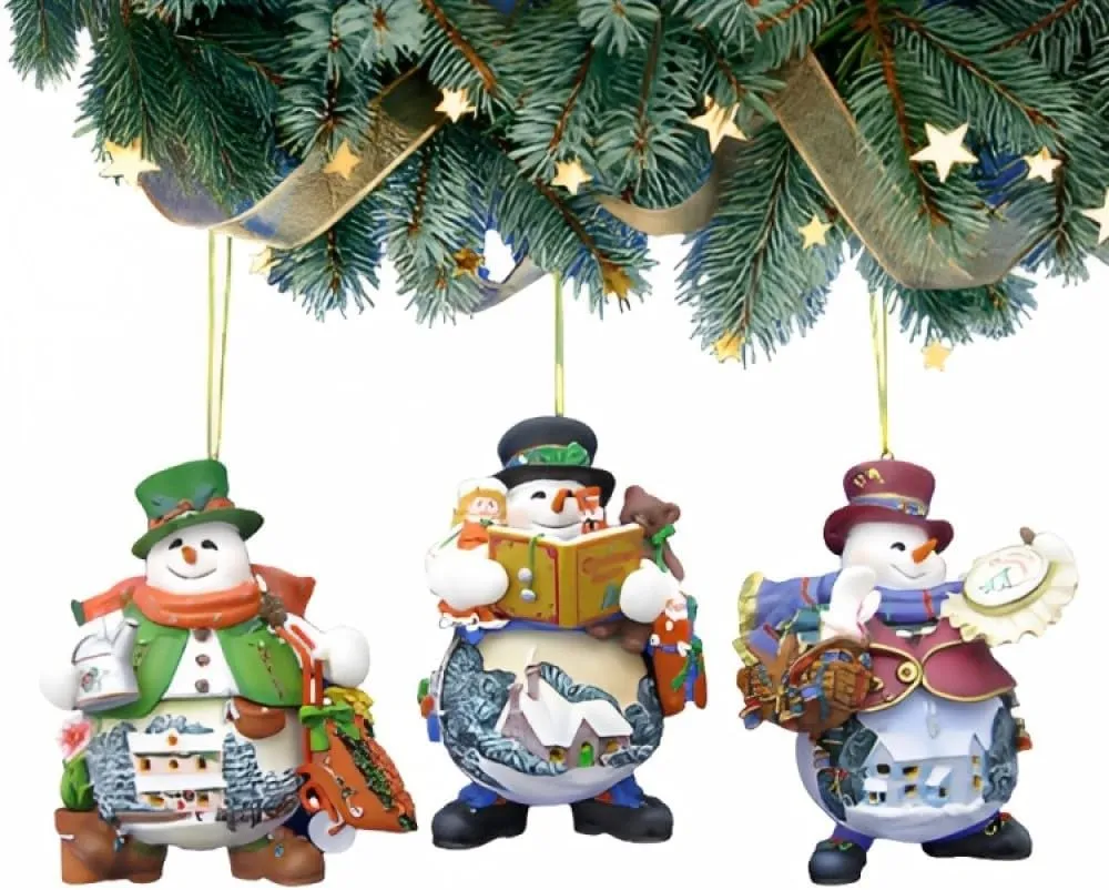 The Ashton-Drake Galleries Memories of Christmas Snowman Ornament Collection Issue #7 Set of 3 Christmas Decoration by Thommas Kinkade 4-inches