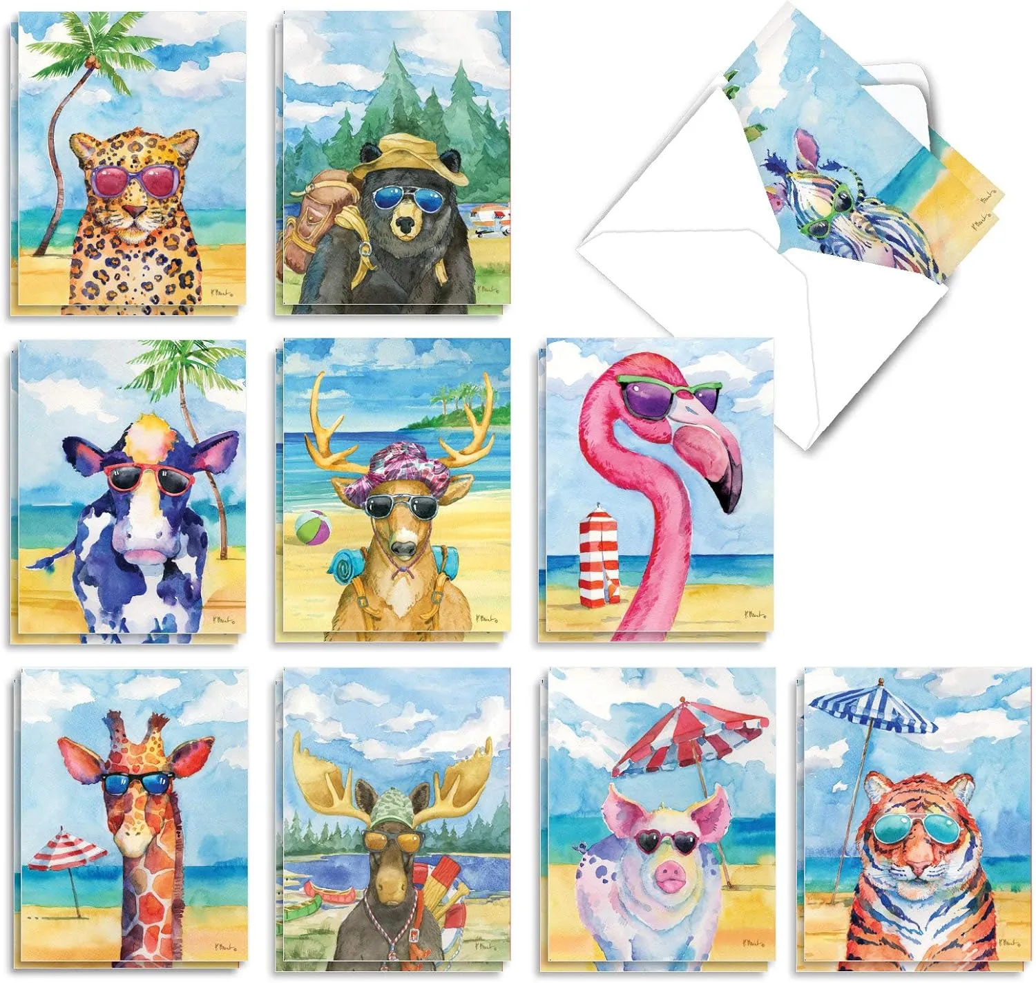 The Best Card Company - 20 Assorted Bulk Wildlife Whimsical Greeting Cards Boxed Set (4 x 5.12 Inch) Wildlife Variety Notecards for Kid (10 Designs, 2 Each) - Animal's Day Off AM6670OCB-B2x10