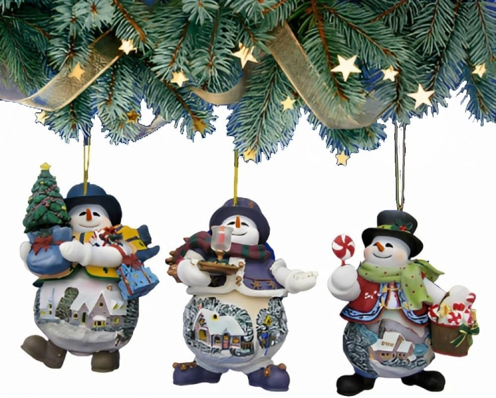 The Ashton-Drake Galleries Memories of Christmas Snowman Ornament Collection Issue #8 Set of 3 Christmas Decoration by Thommas Kinkade 4-inches