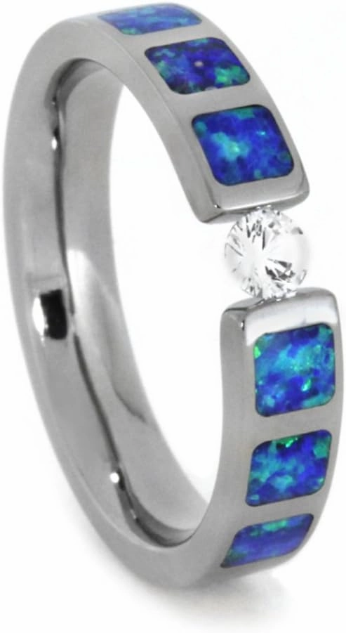 The Men's Jewelry Store (for HER) White Sapphire, Lab Created Blue and Green Opal Inlays 4mm Comfort-Fit Titanium Wedding Band