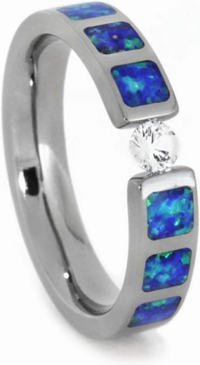 The Men's Jewelry Store (for HER) White Sapphire, Lab Created Blue and Green Opal Inlays 4mm Comfort-Fit Titanium Wedding Band