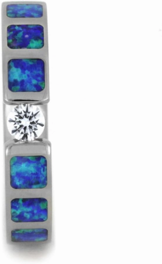 The Men's Jewelry Store (for HER) White Sapphire, Lab Created Blue and Green Opal Inlays 4mm Comfort-Fit Titanium Wedding Band