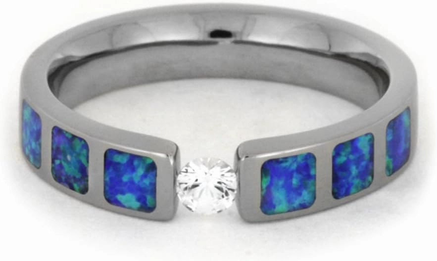 The Men's Jewelry Store (for HER) White Sapphire, Lab Created Blue and Green Opal Inlays 4mm Comfort-Fit Titanium Wedding Band