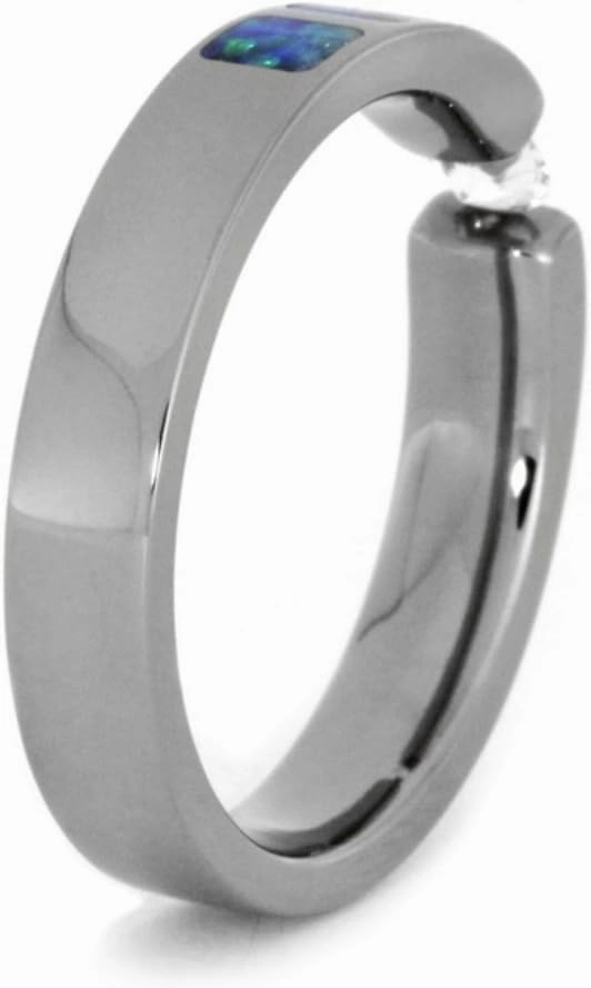 The Men's Jewelry Store (for HER) White Sapphire, Lab Created Blue and Green Opal Inlays 4mm Comfort-Fit Titanium Wedding Band