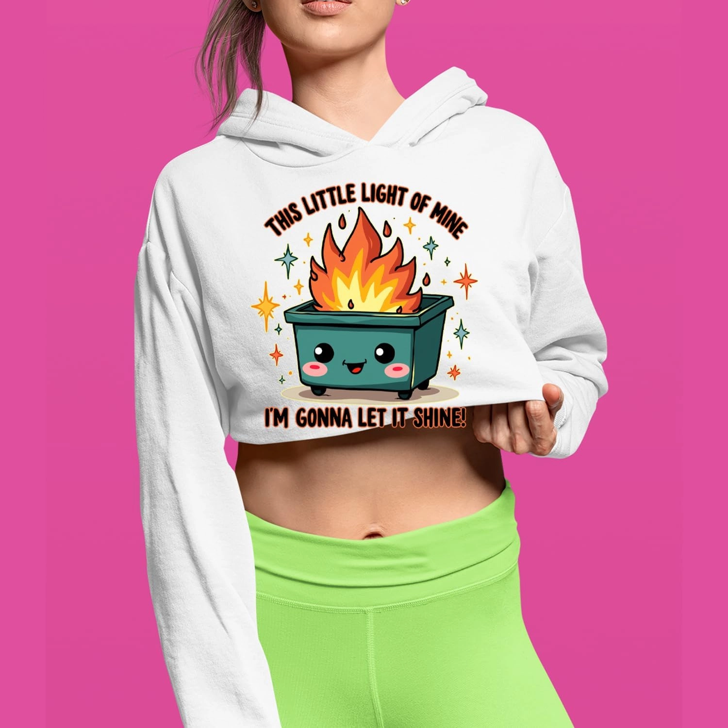 This Little Light of Mine Dumpster Fire Smile Face Cropped Fleece Hoodie, Soft & Cozy, Trendy Fit