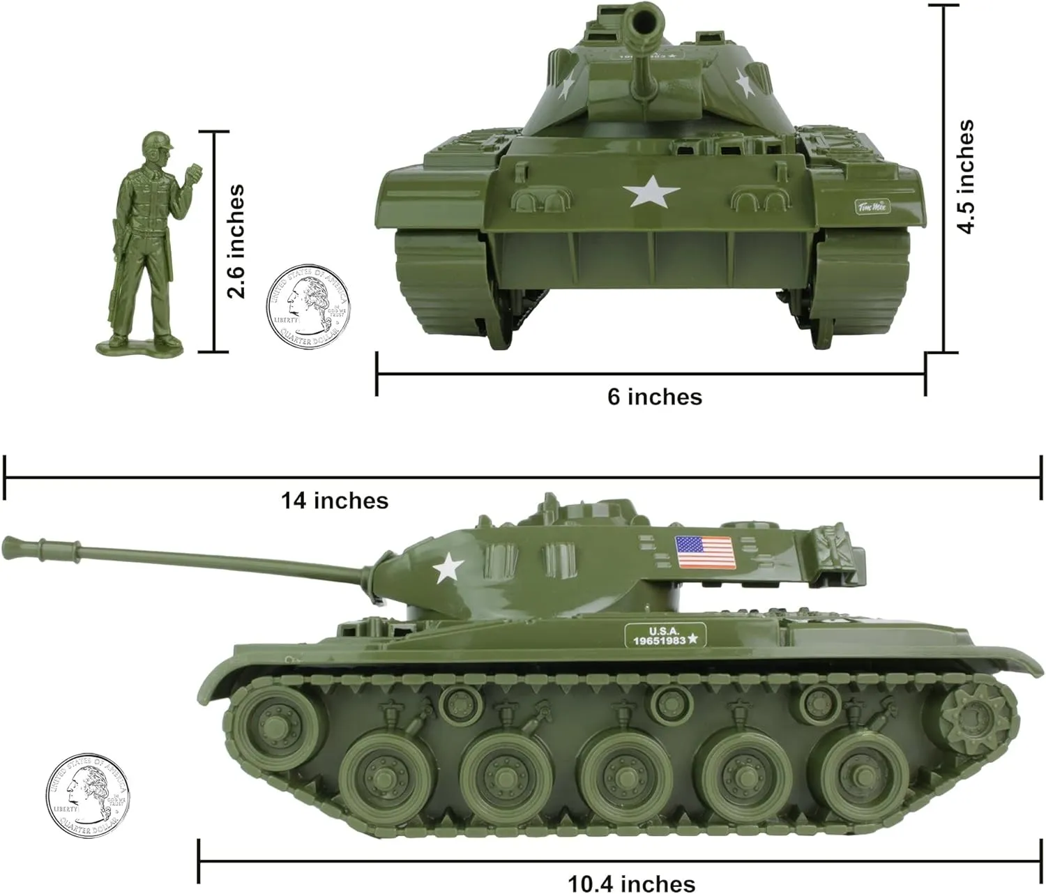 Tim Mee Toy Walker Bulldog Tank Playset- OD Green 13pc - Made in USA