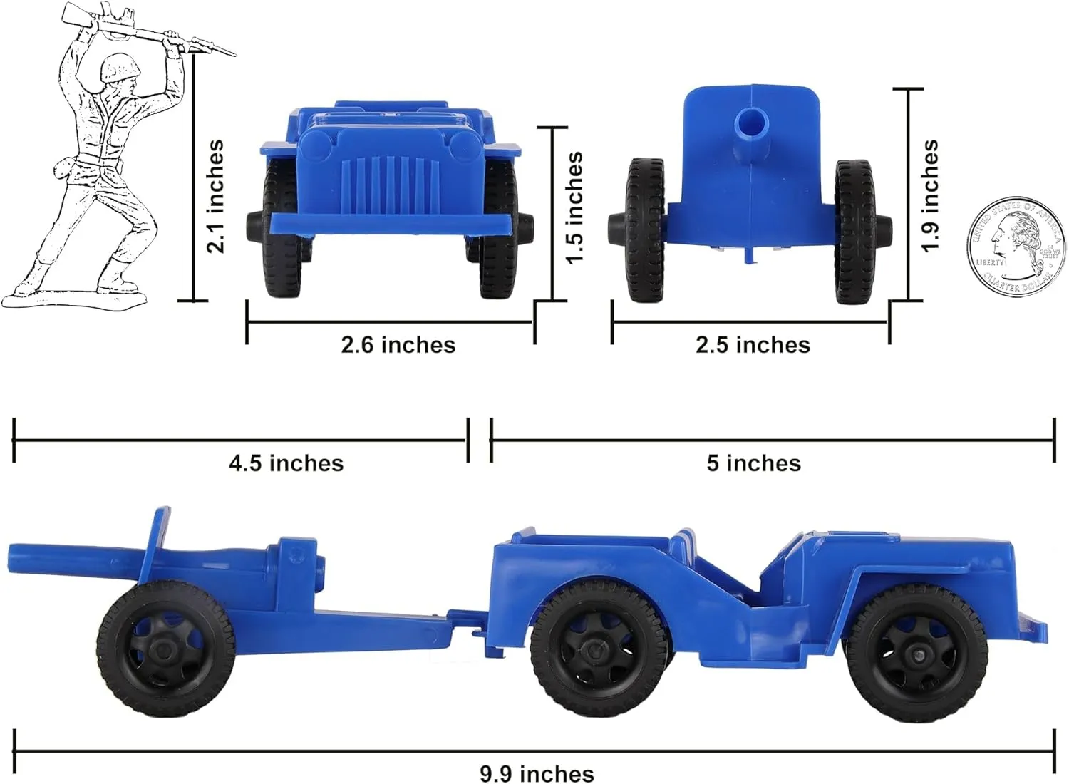 TimMee Combat Patrol Willys & Artillery - Blue 4pc Playset USA Made