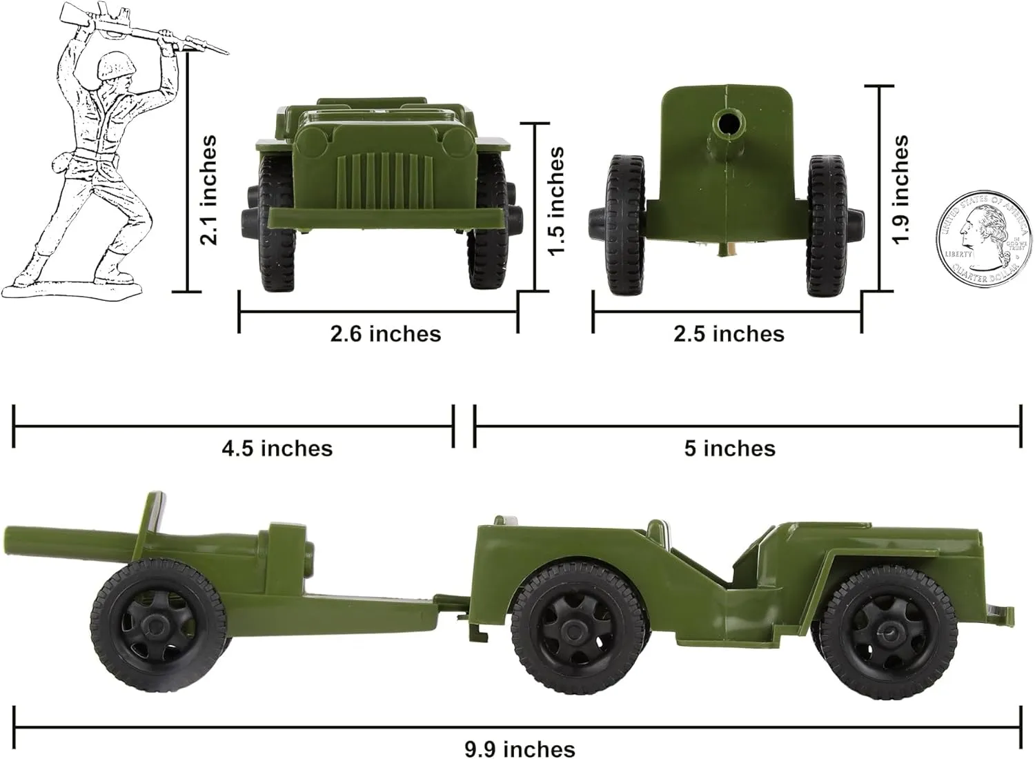 TimMee Combat Patrol Willys & Artillery - OD Green 4pc Playset USA Made