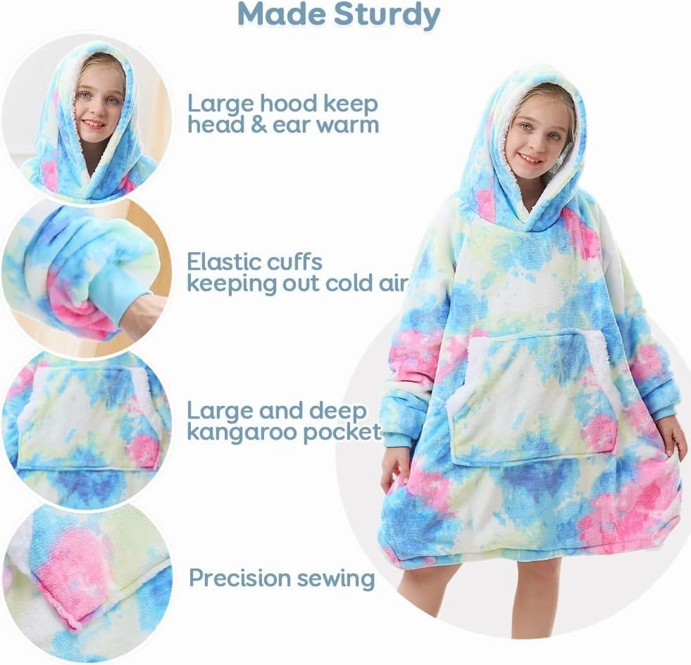 Topblan Blanket Hoodie for Kids Girls Boys Teens, Oversized Flannel & Sherpa Blanket with Hood Pocket and Sleeves, Cozy Warm Hoodie Blanket, Blue Purple