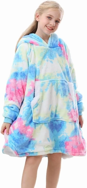 Topblan Blanket Hoodie for Kids Girls Boys Teens, Oversized Flannel & Sherpa Blanket with Hood Pocket and Sleeves, Cozy Warm Hoodie Blanket, Blue Purple