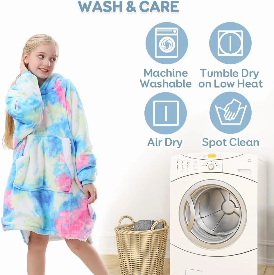 Topblan Blanket Hoodie for Kids Girls Boys Teens, Oversized Flannel & Sherpa Blanket with Hood Pocket and Sleeves, Cozy Warm Hoodie Blanket, Blue Purple