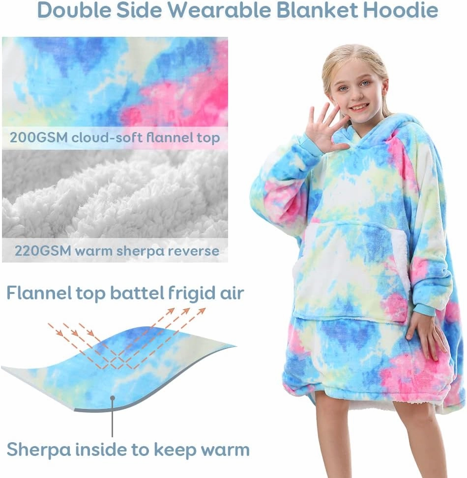 Topblan Blanket Hoodie for Kids Girls Boys Teens, Oversized Flannel & Sherpa Blanket with Hood Pocket and Sleeves, Cozy Warm Hoodie Blanket, Blue Purple