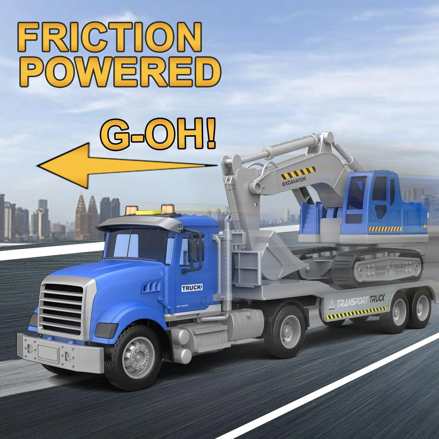 Transports Trucks Kids Toys, 22" Large Semi Truck Toy Carrier and Excavator Truck with Sound&Light,Friction Powered Cars Toys Birthday for Boys Girls 3 4 5 6 7 8