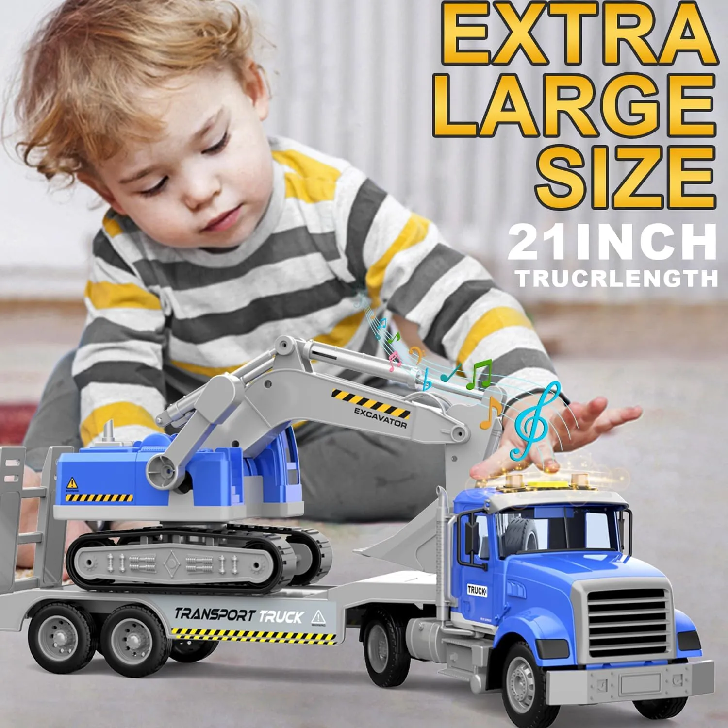 Transports Trucks Kids Toys, 22" Large Semi Truck Toy Carrier and Excavator Truck with Sound&Light,Friction Powered Cars Toys Birthday for Boys Girls 3 4 5 6 7 8