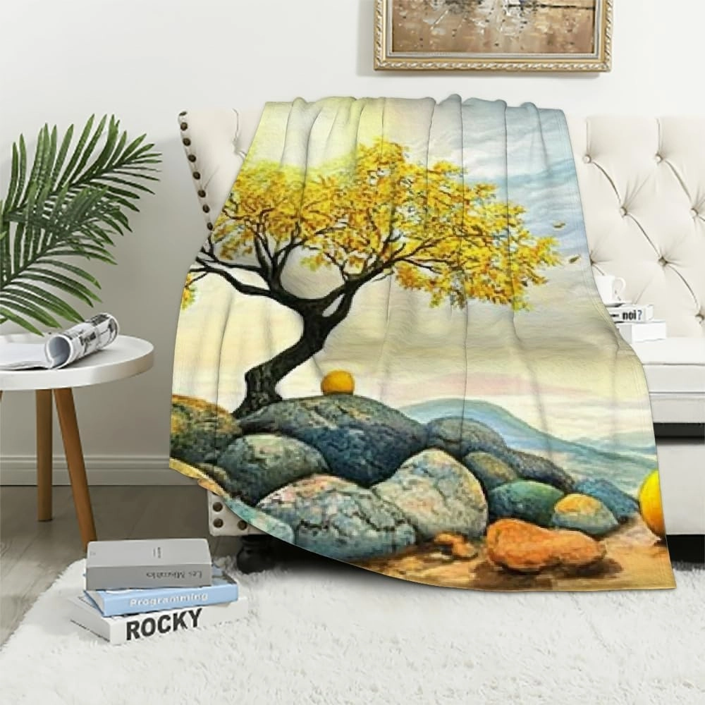 Tree Rocks Sun Durable Soft and Warm Flannel Blanket - Multi-Purpose Gift Blanket for Sofa, Travel, Camping, Bed, Chair 50 * 60in