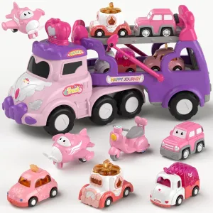 Truck Toys for 3 Year Old Girl Birthday Gifts, 7-in-1 Pink Princess Car Transport Carrier Trucks for Toddlers