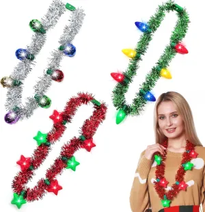 TURNMEON 3 Pack Light Up Tinsel Garland Necklaces Colorful Bulb Stars LED Necklaces Christmas New Year Eve Party Favor Supplies Accessories for Kids Adults Xmas