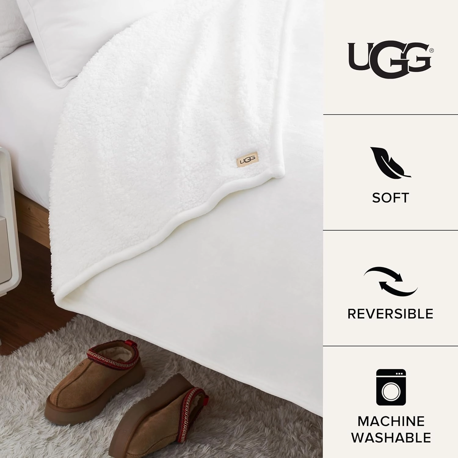 UGG Ariana Twin/Twin XL Blanket Fleece Fluffy Reversible Soft Fuzzy Bedding Cozy Big Plush Warm Oversized Blanket Machine Washable Bedroom Decor for Dorm or Bed, 66-inch x 90-inch, White Snow