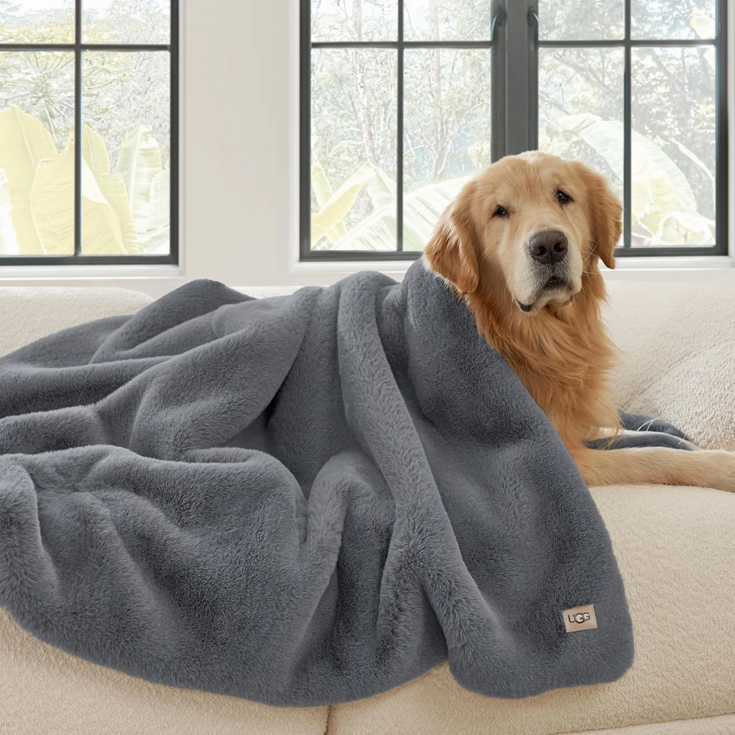 UGG Euphoria Plush Faux Fur Throw Blanket Medium Weight Reversible Luxury Soft Throw for Couch Bed or Chair Hypoallergenic Machine Washable Home Decor Blanket, 50-inch x 70-inch, Chambray Blue Grey
