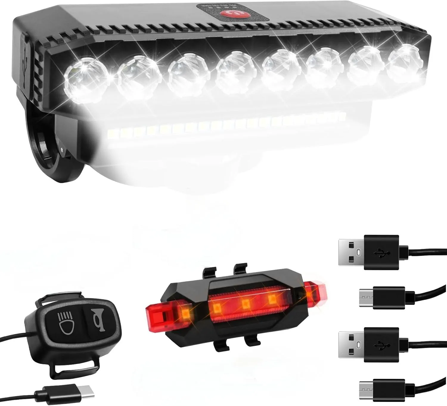 Ultra Bright Bicycle Lights Suitable for Night Riding, USB Rechargeable Bicycle Front and Rear Light Set, 7 Lighting Modes, Free taillights, Bicycle Horn
