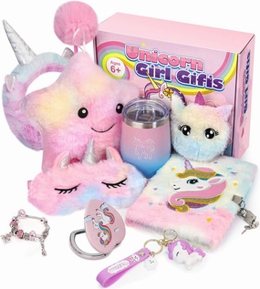 Unicorn Gifts for Girls 4 5 6 7 8 9 10  Years Old, Kids Unicorns Toys with Light Up Plush Star Pillow/Diary/Headband/Eye Mask/Water Bottle, Soft Plush Toys Set for Birthday Gift Christmas