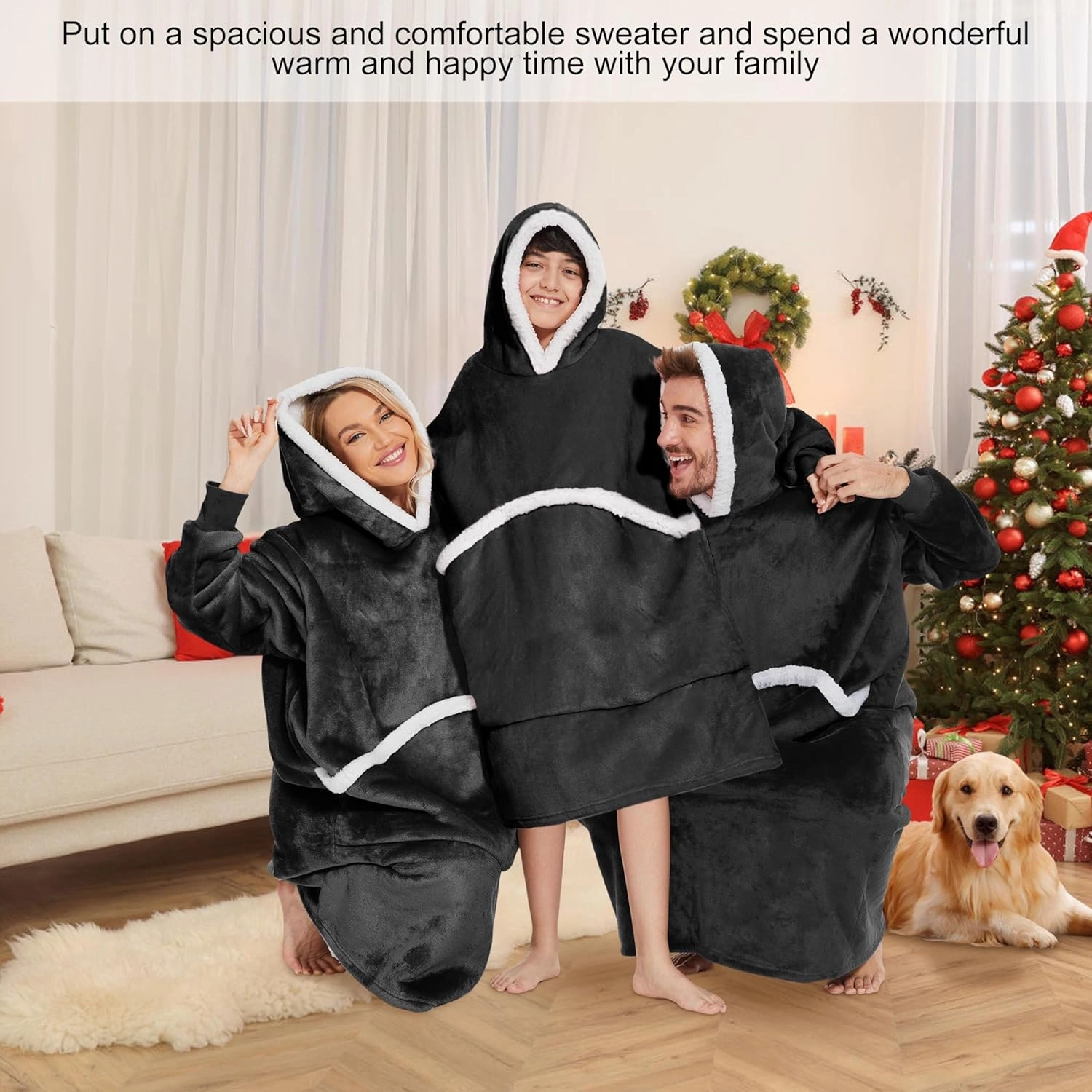Wearable Blanket Hoodie, Oversized Sherpa Fleece Hooded Blanket Giant Pocket for Adults One Size 2024