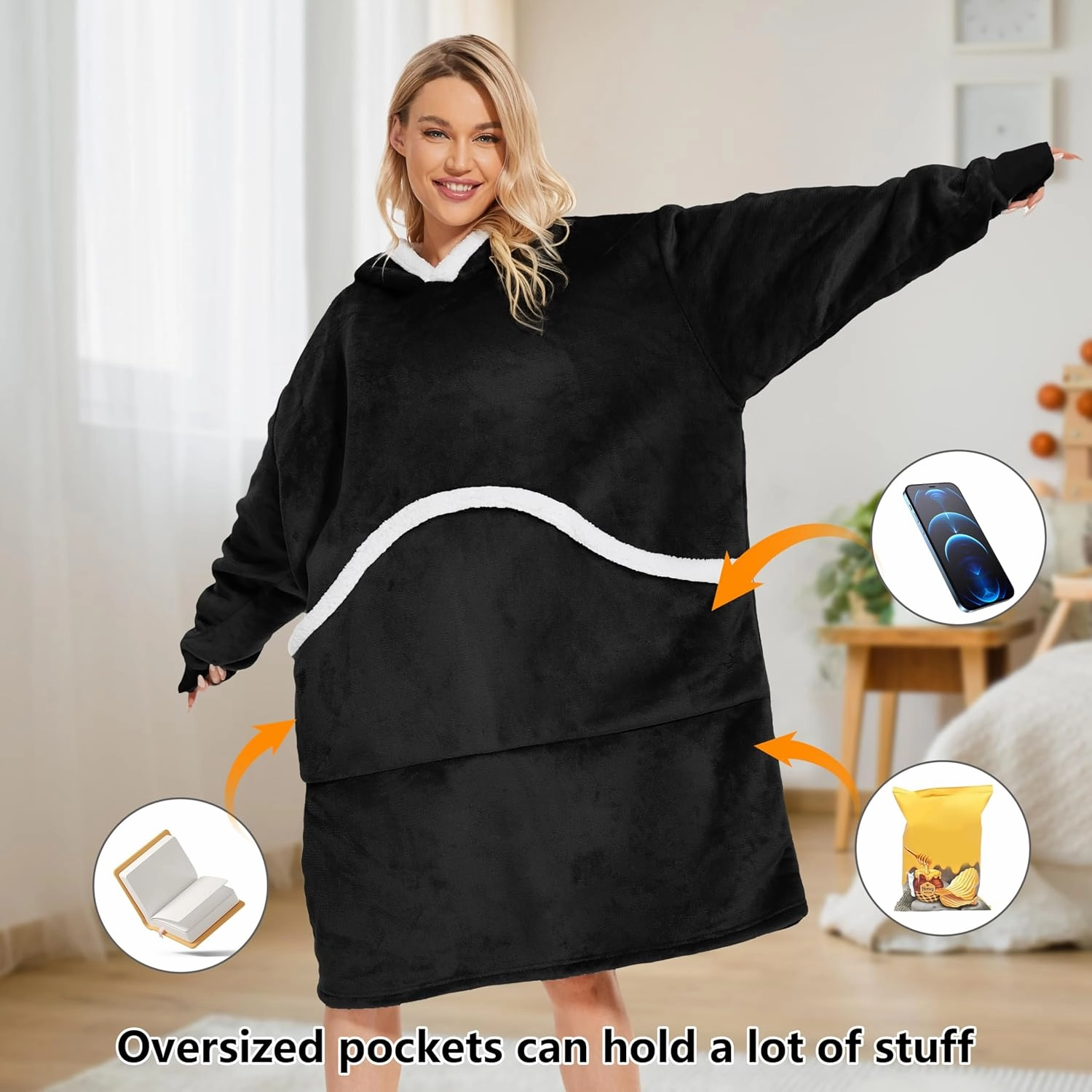 Wearable Blanket Hoodie, Oversized Sherpa Fleece Hooded Blanket Giant Pocket for Adults One Size 2024