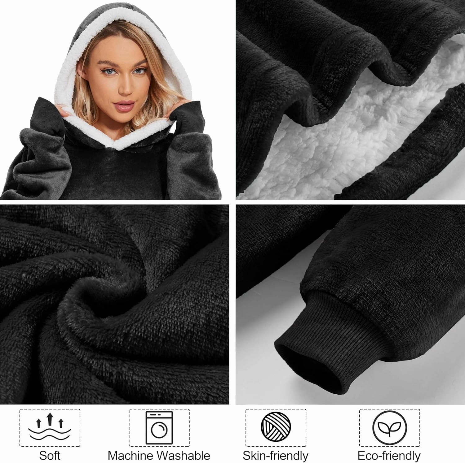 Wearable Blanket Hoodie, Oversized Sherpa Fleece Hooded Blanket Giant Pocket for Adults One Size 2024