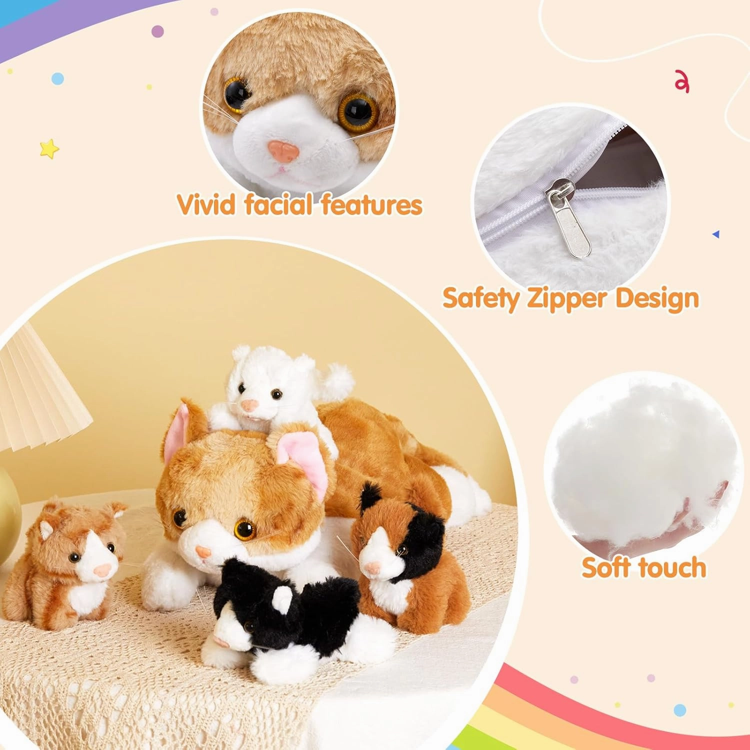WEWILL 15'' Cat with Kittens Stuffed Animals, Mommy Plush Toy with 4 Baby Kittens, Cute Surprise for Imaginative Play, Cozy Magical Pillow Plushie for Girls, for Kids and Cat Lovers