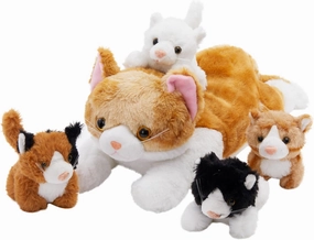 WEWILL 15'' Cat with Kittens Stuffed Animals, Mommy Plush Toy with 4 Baby Kittens, Cute Surprise for Imaginative Play, Cozy Magical Pillow Plushie for Girls, for Kids and Cat Lovers