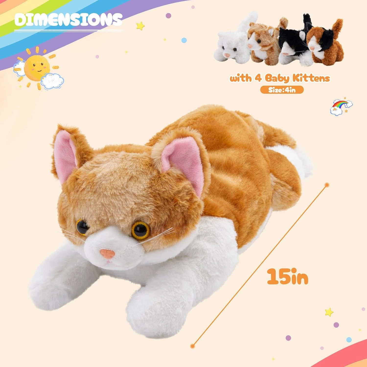 WEWILL 15'' Cat with Kittens Stuffed Animals, Mommy Plush Toy with 4 Baby Kittens, Cute Surprise for Imaginative Play, Cozy Magical Pillow Plushie for Girls, for Kids and Cat Lovers