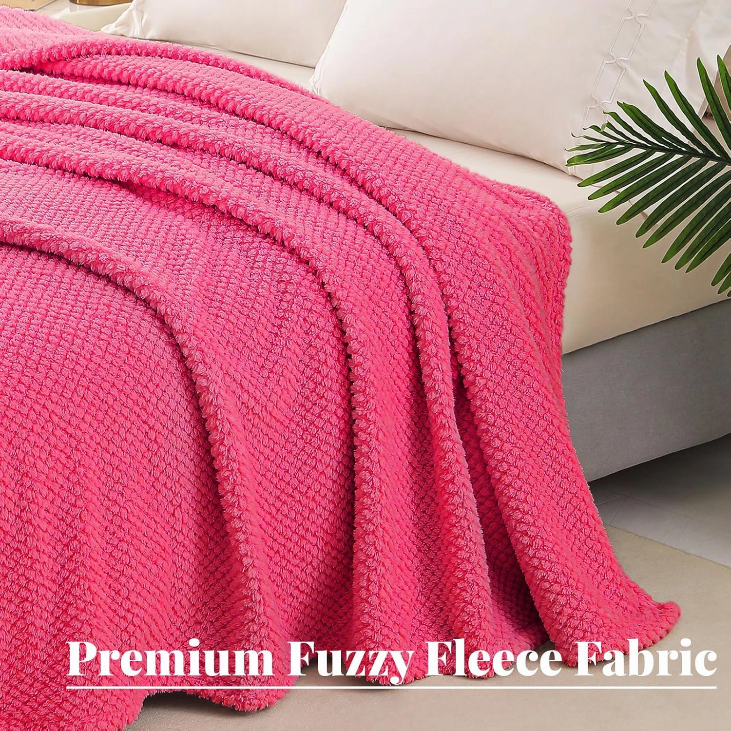 Whale Flotilla Queen Size Fuzzy Fleece Blanket for Bed, 90x90 Inch Fluffy Warm Soft Jacquard Blankets for All Season, Lightweight and Cozy, Hot Pink