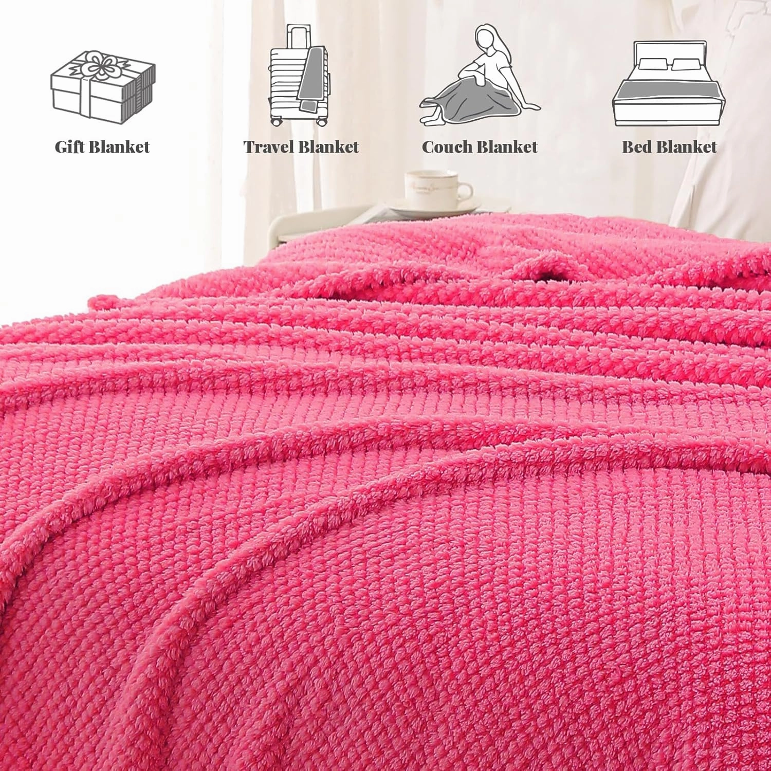 Whale Flotilla Queen Size Fuzzy Fleece Blanket for Bed, 90x90 Inch Fluffy Warm Soft Jacquard Blankets for All Season, Lightweight and Cozy, Hot Pink