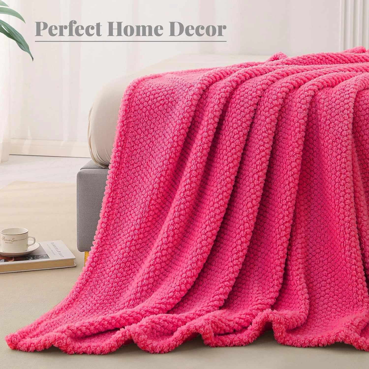Whale Flotilla Queen Size Fuzzy Fleece Blanket for Bed, 90x90 Inch Fluffy Warm Soft Jacquard Blankets for All Season, Lightweight and Cozy, Hot Pink