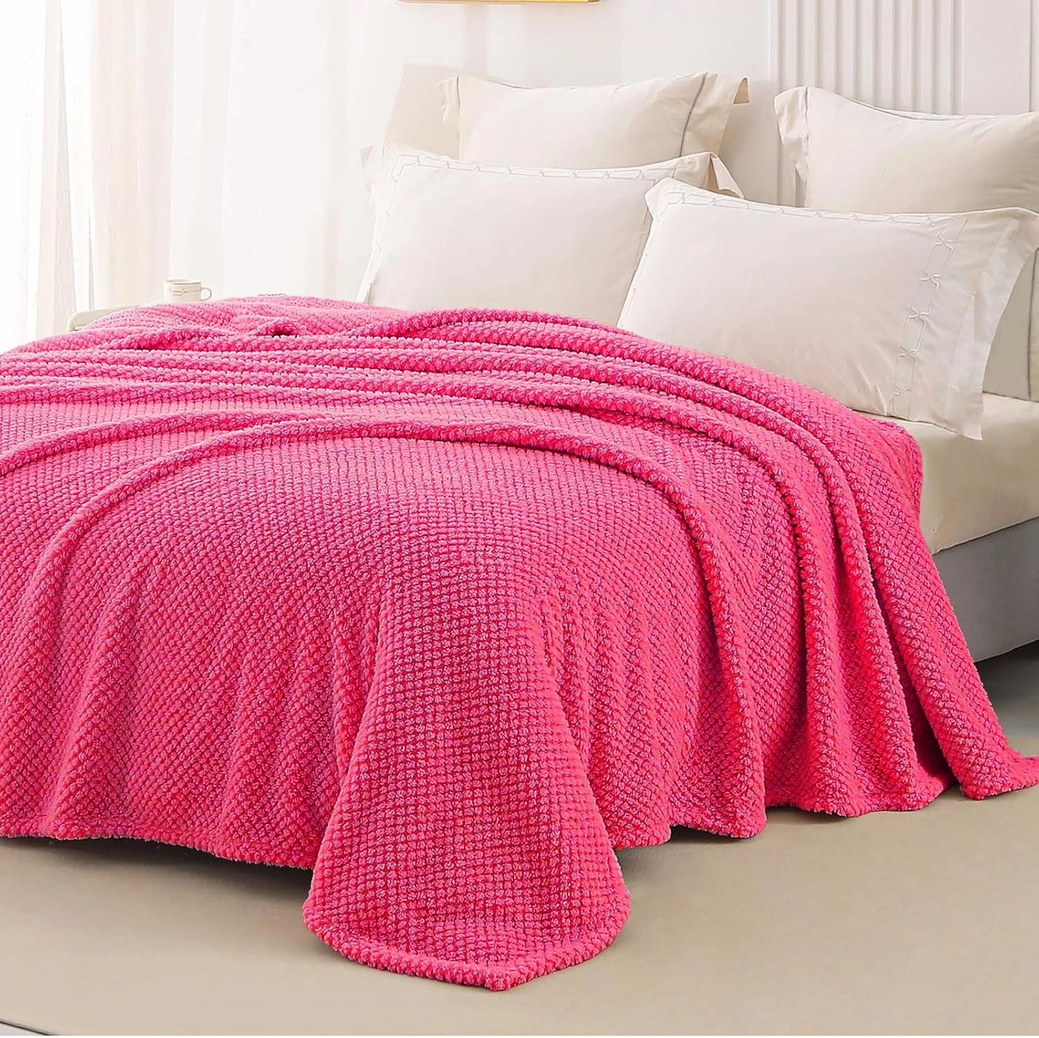 Whale Flotilla Queen Size Fuzzy Fleece Blanket for Bed, 90x90 Inch Fluffy Warm Soft Jacquard Blankets for All Season, Lightweight and Cozy, Hot Pink