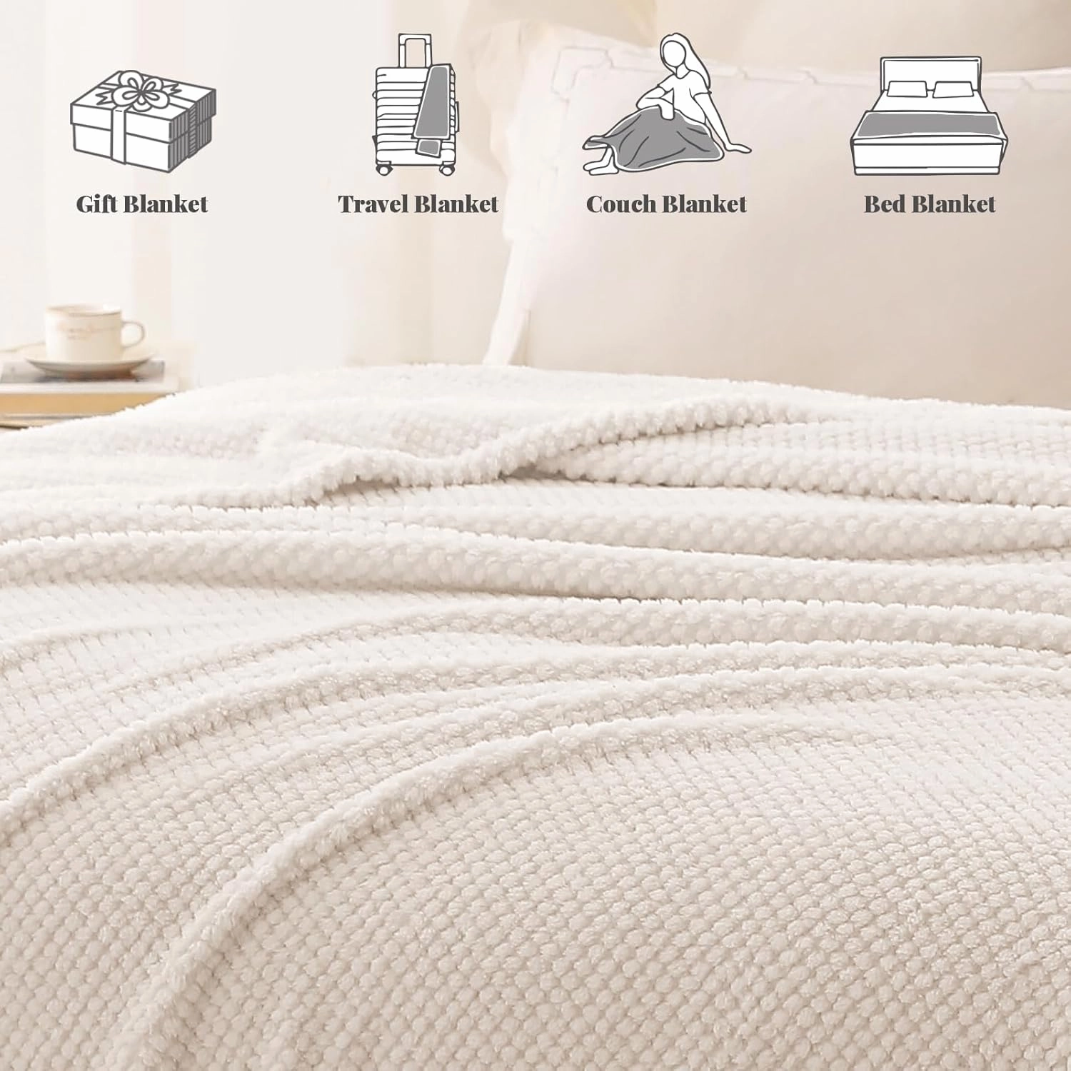 Whale Flotilla Queen Size Fuzzy Fleece Blanket for Bed, 90x90 Inch Fluffy Warm Soft Jacquard Blankets for All Season, Lightweight and Cozy, Ivory