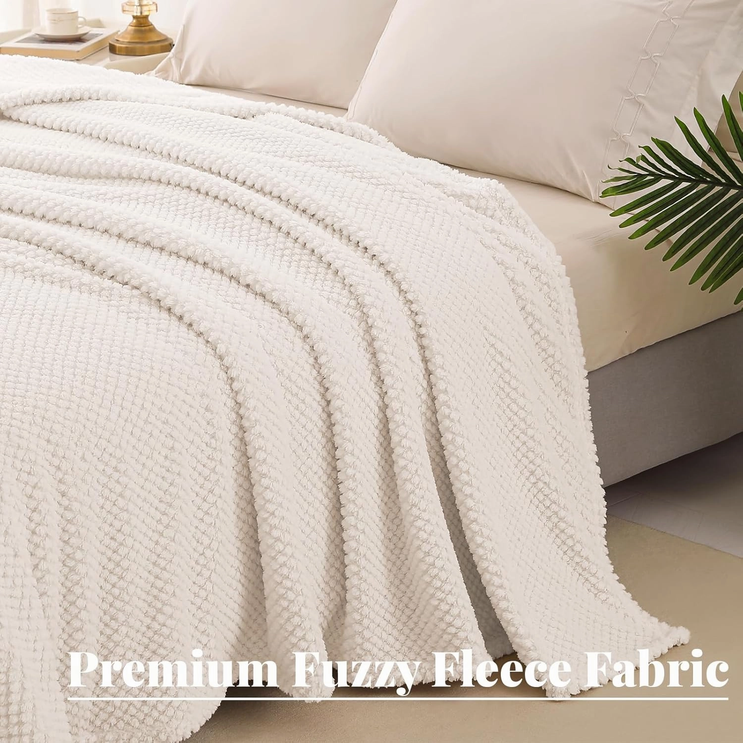 Whale Flotilla Queen Size Fuzzy Fleece Blanket for Bed, 90x90 Inch Fluffy Warm Soft Jacquard Blankets for All Season, Lightweight and Cozy, Ivory
