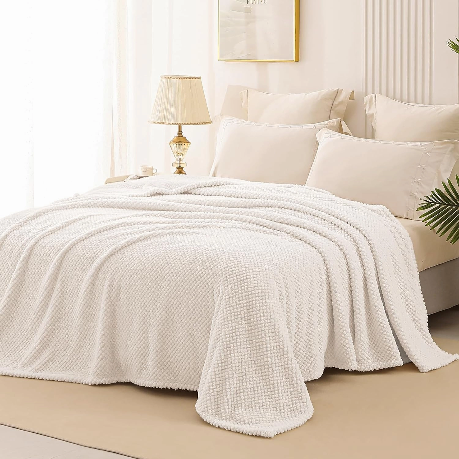 Whale Flotilla Queen Size Fuzzy Fleece Blanket for Bed, 90x90 Inch Fluffy Warm Soft Jacquard Blankets for All Season, Lightweight and Cozy, Ivory