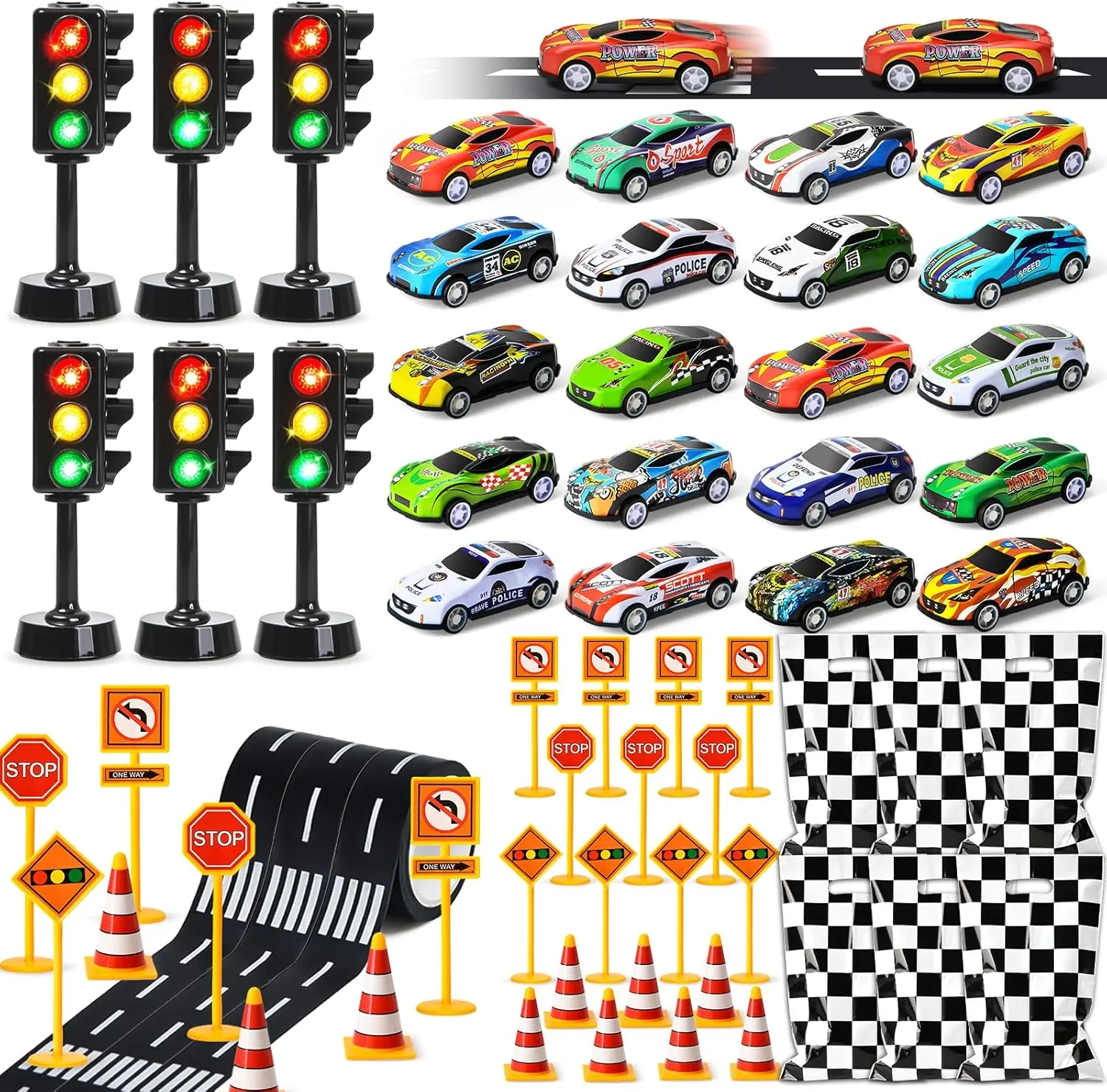Winrayk Race Car Party Favors Racing Birthday Supplies Traffic Light Toy Gift Bag Mini Pull Back Cars Road Sign Traffic Cone Road Tape Kids Boy Girl Goodie Bag Stuffers Car Themed Party Supplies Decor