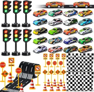 Winrayk Race Car Party Favors Racing Birthday Supplies Traffic Light Toy Gift Bag Mini Pull Back Cars Road Sign Traffic Cone Road Tape Kids Boy Girl Goodie Bag Stuffers Car Themed Party Supplies Decor