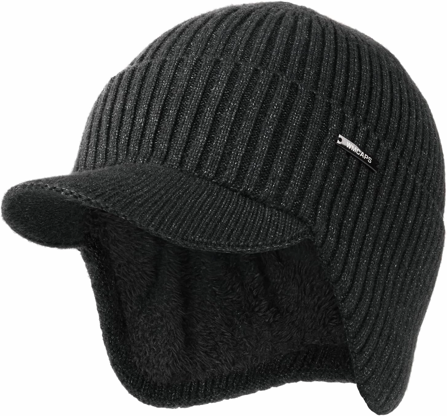Wmcaps Winter Beanie with Brim and Ear Flaps, Outdoor Warm Fleece Lined Knit Hat Stocking Caps for Men Women