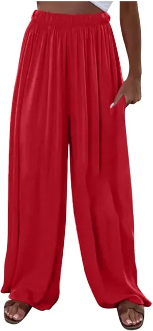 Women's Casual Wide Leg Loose Fashion Trousers Elastic Waisted Palazzo Pants Lounge Work Trouser with Pockets
