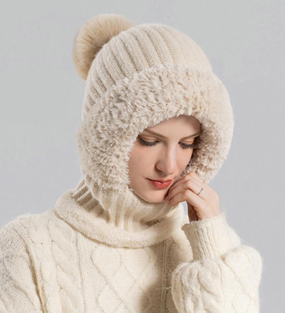 Womens Knit Beanie Hat Fleece Lined Winter Scarf Mask Set Snow Caps Plush Earmuff Skull Hats with Pompom