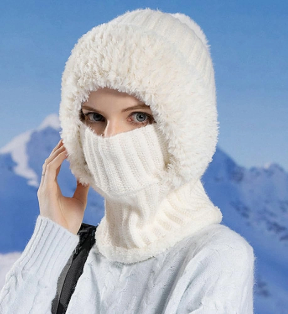 Womens Knit Beanie Hat Fleece Lined Winter Scarf Mask Set Snow Caps Plush Earmuff Skull Hats with Pompom
