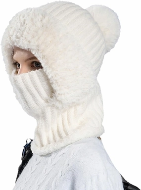 Womens Knit Beanie Hat Fleece Lined Winter Scarf Mask Set Snow Caps Plush Earmuff Skull Hats with Pompom