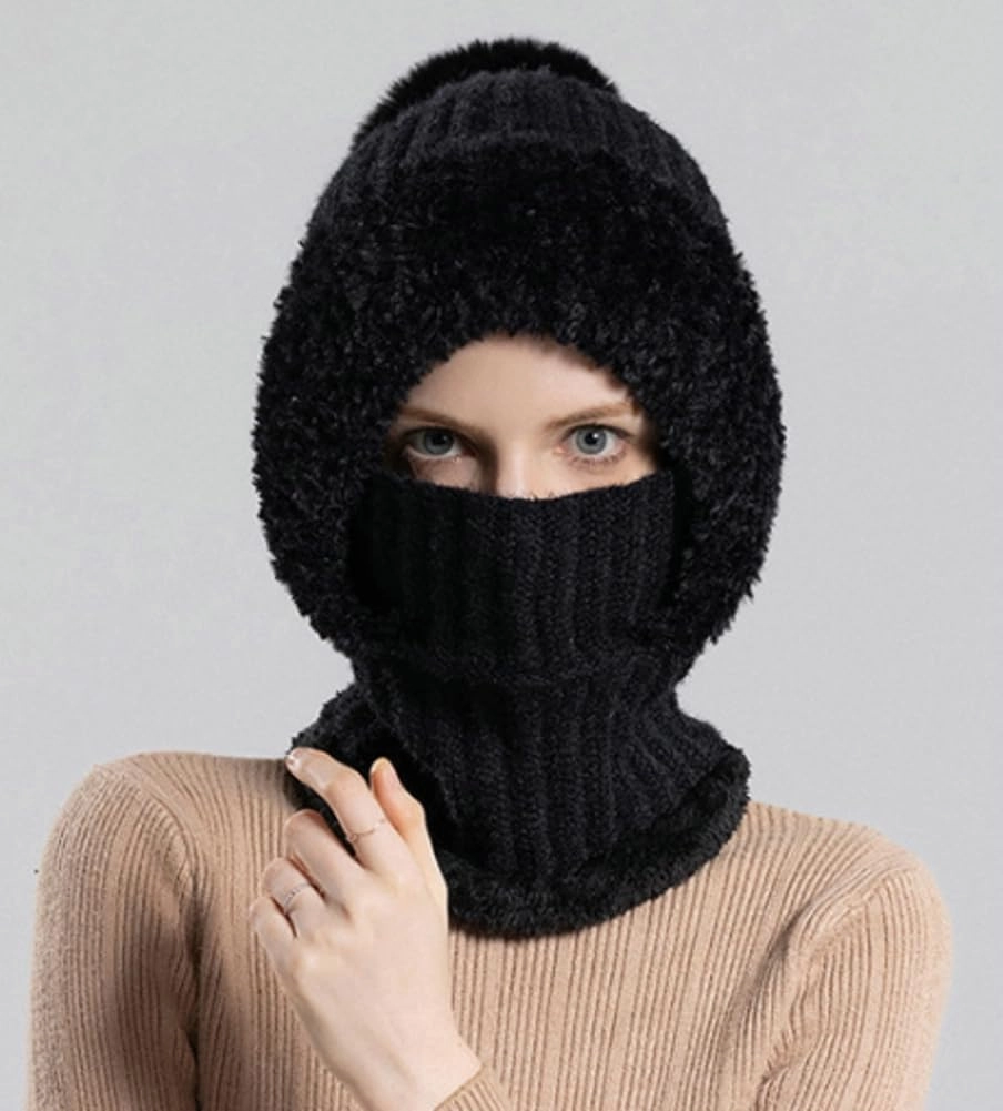 Womens Knit Beanie Hat Fleece Lined Winter Scarf Mask Set Snow Caps Plush Earmuff Skull Hats with Pompom